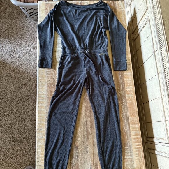 Bombshell Ribbed Sweats Jogger Long Sleeved Off-Shoulder Grey Jumpsuit - Picture 1 of 6